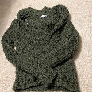 Fuzzy moss green v neck hooded sweater.